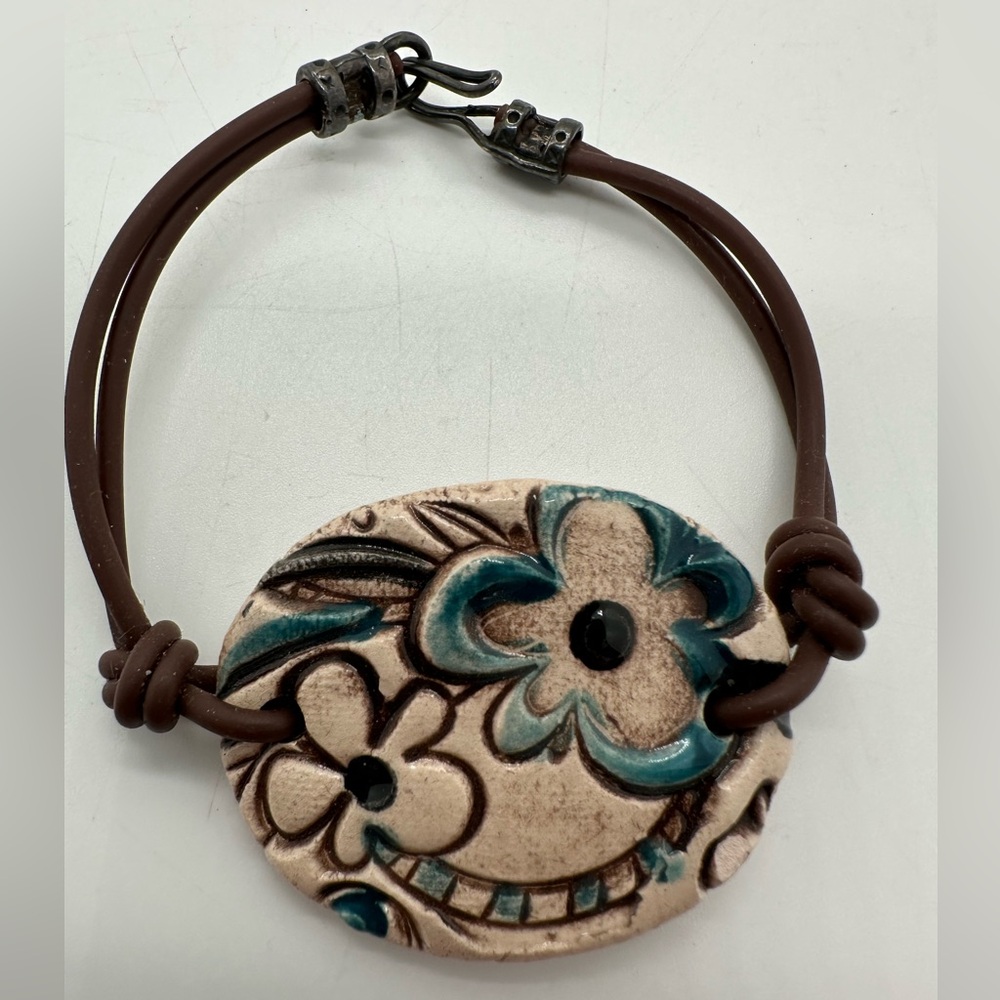 Ceramic painted floral brown cord bracelet